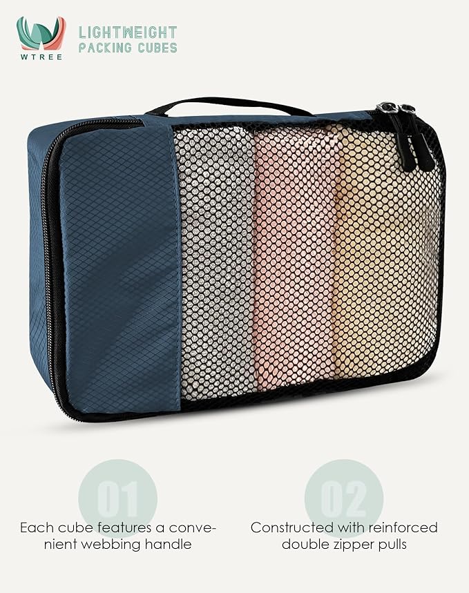 WTREE 4-Piece Packing Cubes Travel Accessories Set for Suitcases - Luggage Organizer Bags with Double Zipper - Mesh Top - Medium - Dark Blue - Image 4