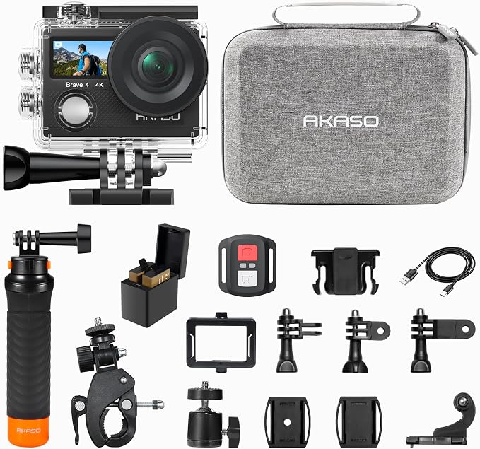 AKASO Brave 4 Action Camera with Floating Hand Grip and Carrying Bag Bundle | 20MP EIS WiFi 170° FOV 5X Zoom Waterproof Underwater Camera for Snorkel, Travel, Bicycle, Helmet, Motorcycle Accessories Kit by AKASO