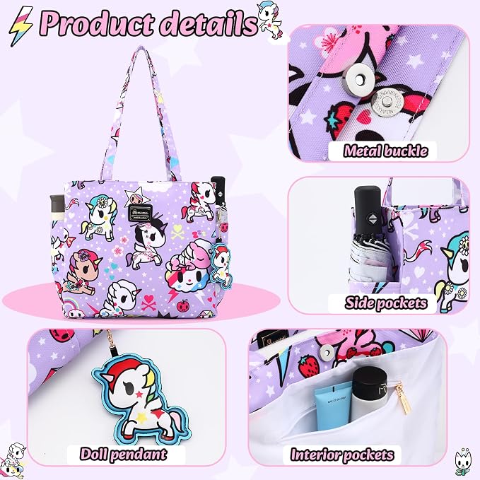 tokidoki Unicorno Foldable Tote Bag for Women, Canvas Tote Bags with Doll Portable Shoulder Handbag for school Work Travel - Image 3