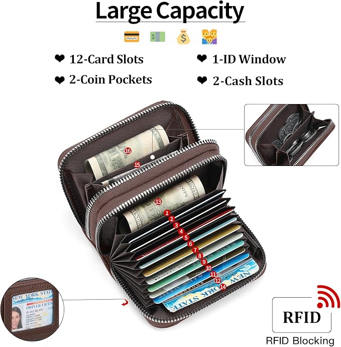RNIEGA Credit Card Holder Wallet RFID Blocking Leather Small Wallet for Women Double Zipper Wallet with ID Window - Image 3
