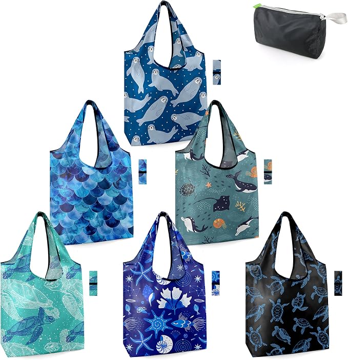 BeeGreen Sea Turtle Lovers Gifts for Women Ocean Animals Reusable Grocery Bags Shopping Bags Bulk 6 Pack 50LBS X-Large Shells Seal Mermaid Scale Whale by BeeGreen