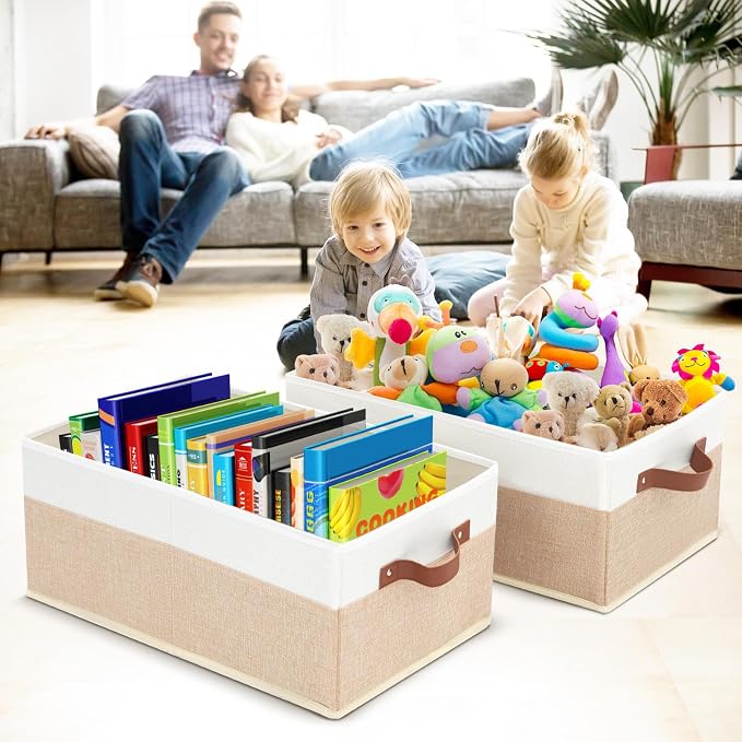 6 Pack Fabric Storage Bins, Large Storage Baskets for Shelves | Foldable Closet Organizer Storage Boxes with Leather Handles for Clothes, Sheets, Jeans, Toys, Books (Beige and White) - Image 6