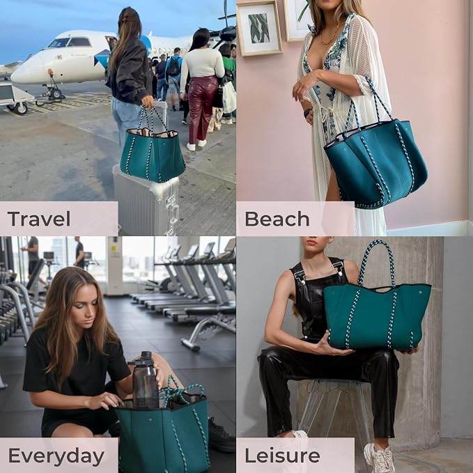 POPUPS Large Neoprene Tote Bag for Women - Everyday Designer Handbag for Travel Work and Beach with Pockets and Zipper Pouch - Image 2