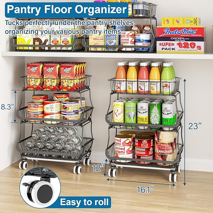 OKZEST 3-Tier Rolling Pantry Floor Organizers and Storage Cart with Wheels | Fits under pantry shelf, Stackable kitchen pantry baskets with dirt catch tray, Holds drink, snack, can, potato, onion, fruit - Image 2
