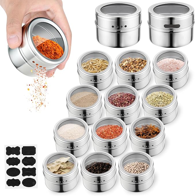 12pcs Stainless Steel Spice Jars, Magnetic Condiment Tins Magnetic Spice Jar With Clear Lid And Holes Sift&Pour - Easy To Clean - Image 6