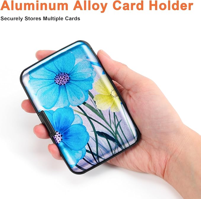 Mayski Credit Card Holder for Women RFID Blocking Wallet, Blue Flower | Card Wallets for Women Small Mini Business Metal Accordion Aluminum Alloy Hard Case for Men - Image 3