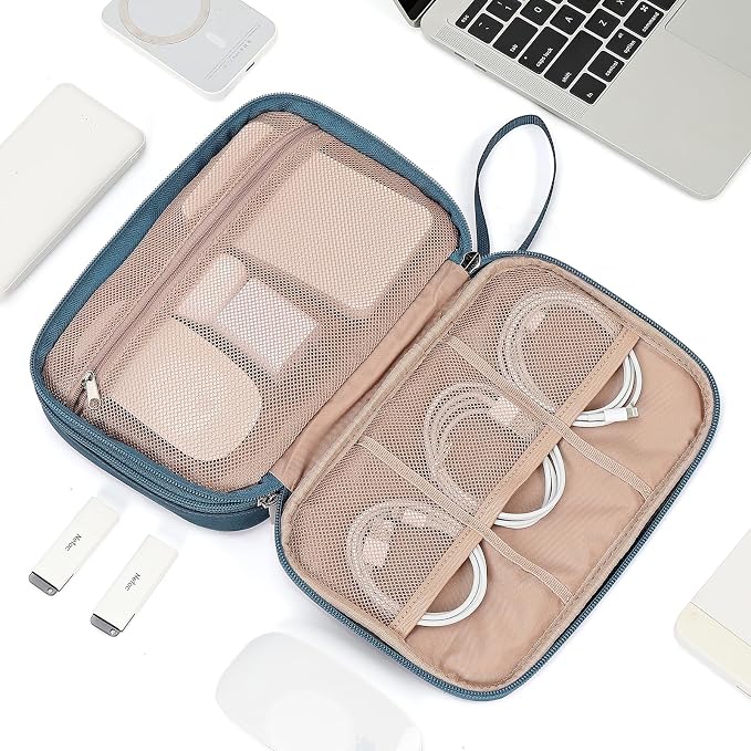 NISHEL Travel Cord Organizer Case, Large, Lake-Blue | Double-layer bag keeps chargers, cables, flash drive, and small tech essentials organized for trip, Large, Lake-Blue - Image 7