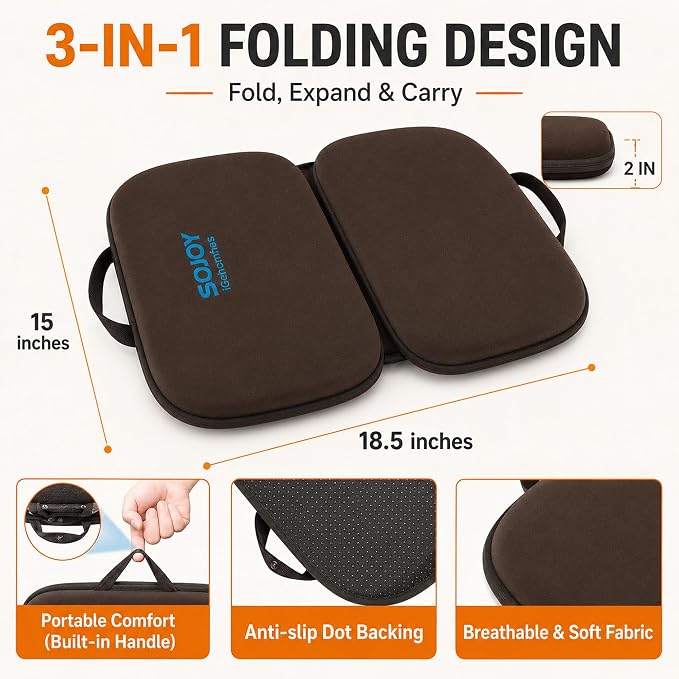 3-in-1 Foldable Gel Seat Cushion with Memory Foam Ergonomic Portable Cushion for Back Pain & Tailbone Relief - Perfect for Office Chair, Airplane Travel & Stadium Seats (18.5" x 15" x 2" Brown) - Image 6