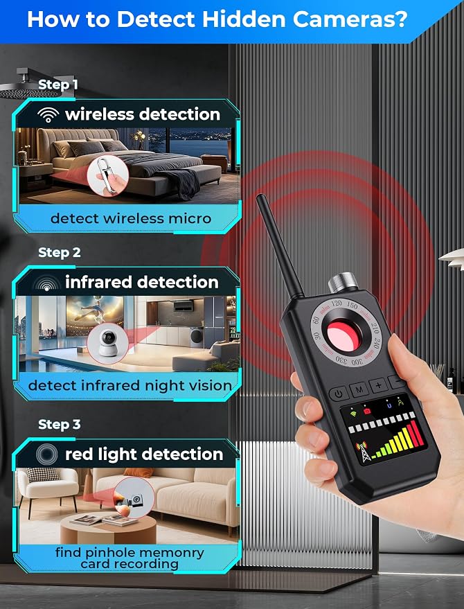 Hidden Camera Detectors,6-in-1 GPS Tracker Detector,Bug Detector,RF Detector,Listening Device Detector for Travel,Car,Hotels,Bathroom,Home,Office(Black) - Image 5