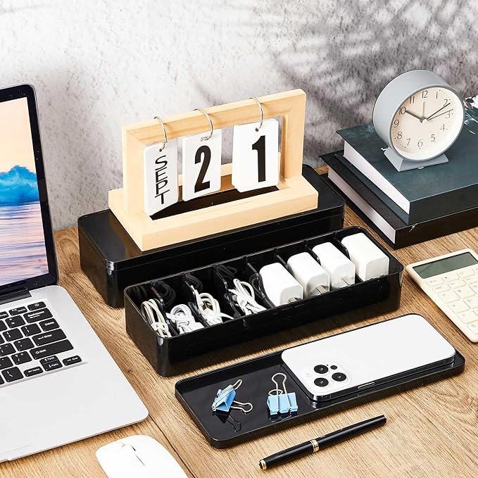 Tatuo 1 Pcs Cord Organizer for Drawer Desktop, Cable Organizer Box with 8 Compartments and Wire Ties, Plastic Charger Storage with Lid, Electronics Case for Home Office Accessories (Small,Black) - Image 6