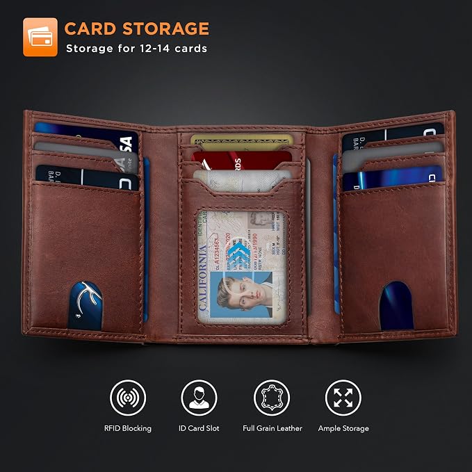 SERMAN BRANDS Trifold Wallet for Men - RFID Blocking Full Grain Leather, 11 Card Slots & ID Window, Slim Everyday Carry, Durable Stitching, Gift for Him - Image 4