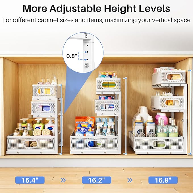 Under Sink Organizer, 3-Tier Thickened Metal Pull out Cabinet Organizer Shelf, Height Adjustable Slide out Storage Drawer Rack for Kitchen Bathroom Pantry Laundry Home Organization, 2-Pack, White | 35% Extra Storage Capacity, Carbon Steel, Hold Up 55lb... - Image 9