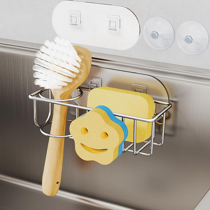 HapiRm Sink Caddy Sponge Holder - No Drill Kitchen Sink Organzier with Smiley Face Sponge Holder, Rustproof and Waterproof Kitchen Organizer - Silver by HapiRm