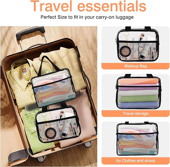 XEWEA 2PCS TSA Approved Clear Travel Toiletry Bags For Men Women, | Transparent Makeup Cosmetic Bag, Handle Zipper, Waterproof PVC, Quart Organizer Pouch for Airport Airline, Black - Image 6