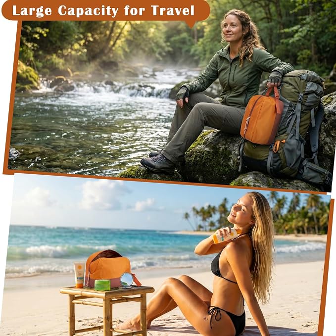 Waterproof Makeup Bag For Women Men,Two-Tone Colorblock Travel Toiletry Bag With Wet Pocket & Removable Transparent Bag, 8L Large Capacity Lightweight Vacation Essentials (Dusk Orange+Dark Brown) - Image 6