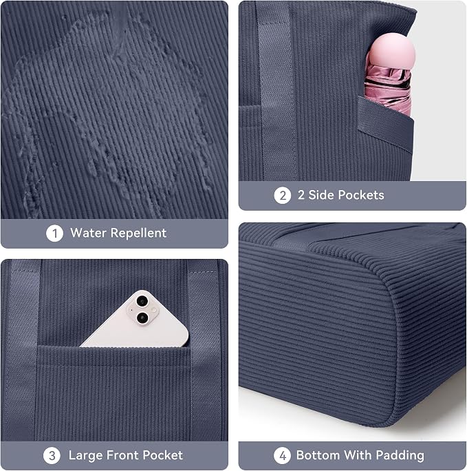 Tote Bag for Women, Casual Hobo Handbags with Compartments | Water Repellent Corduroy Large Capacity Fits 15.6" Laptop Zipper Closure for Travel Work School - Image 6