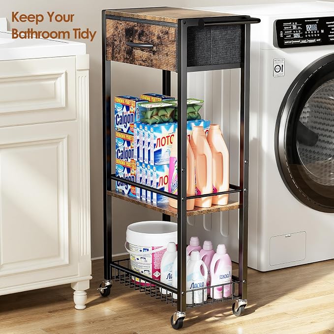 Lewondr 3-Tier Slim Storage Cart with Drawer, Rolling Utility Cart, Black | Handle & Lockable Wheels, with Wood Top, Metal Frame, Kitchen Bathroom Laundry Room Organizer for Small Spaces - Image 6