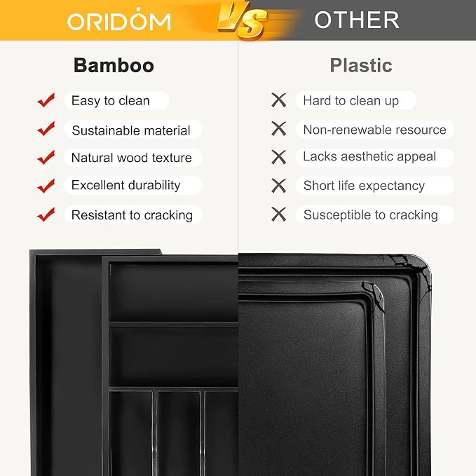 Large Premium Bamboo Silverware Organizer - Expandable Drawer Organizer & Utensil Organizer - 17"x19.7" Cutlery Tray with Dividers for Kitchen Utensils and Flatware (7-9 Slots) (Black) - Image 7