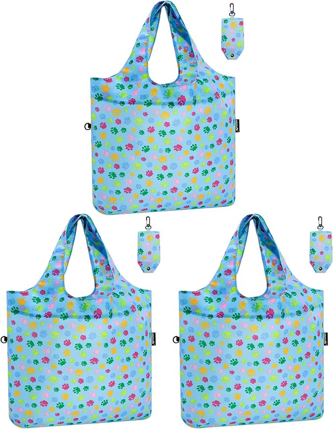 HOLYLUCK Reusable Grocery Bags,Heavy Duty Foldable Shopping Tote Bag (Standard, 3 Blue Dog Paw Prints) by holyluck