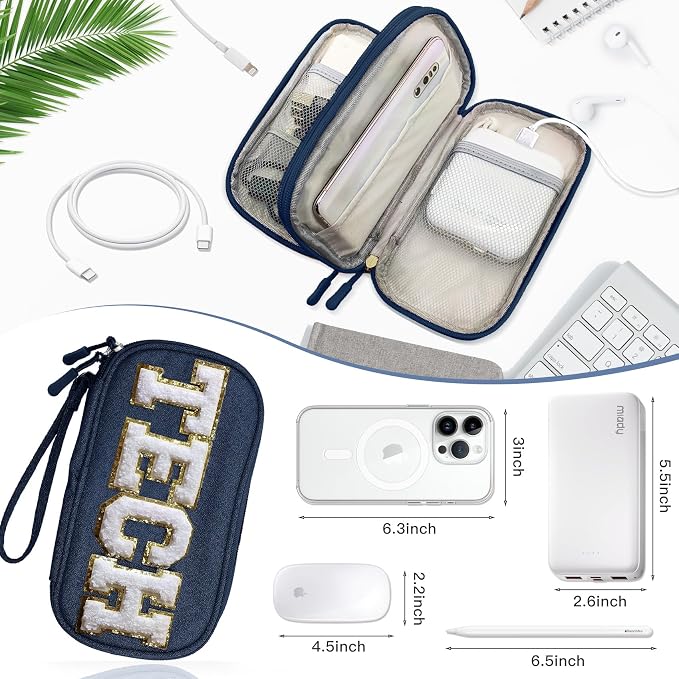 COSHAYSOO Small Electronics Organizer Bag with Chenille Letter Patch for Women Travel Gift, Cord Charger Cable Traveling Accessory Pouch Essential Supply Storage Case (Navy Blue) - Image 4