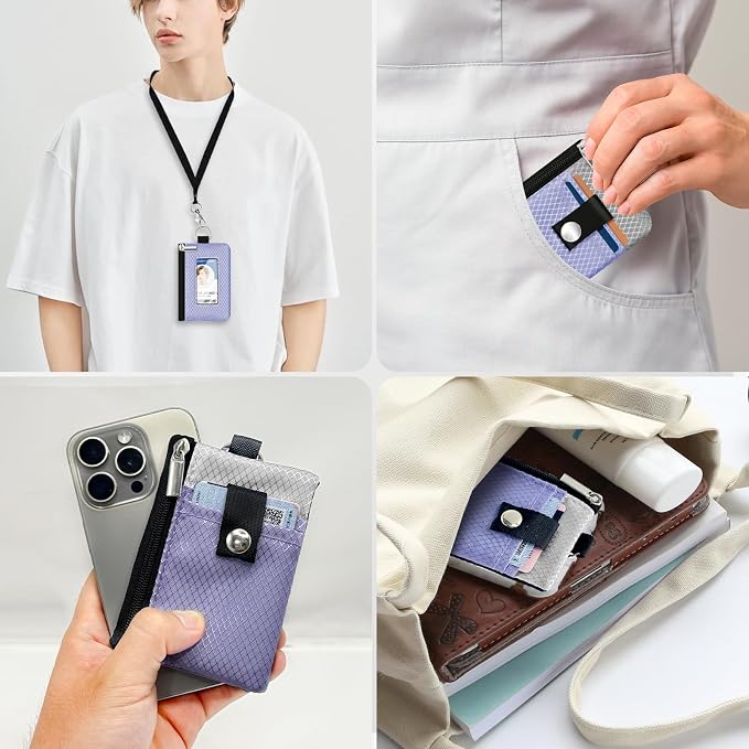 Minimalist RFID Blocking Small Wallet with ID Window,WaterResistant Zip Id Case Wallet with Lanyard Keychain for Cards,Cash,Travel,Women,Men (Lavender Purple/Light gray) - Image 9