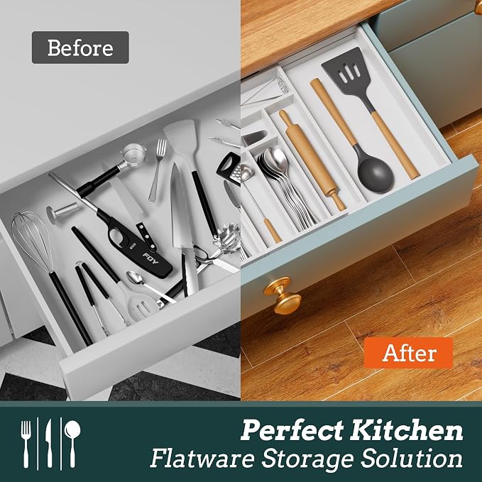 Magnetic Expandable Silverware Drawer Organizer, 13 Slots Utensil White | Magnetic Connected, Expandable 21-37.4 Inch, 13 Divided Slots, White Cutlery Utensil Organize Kitchen - Image 7
