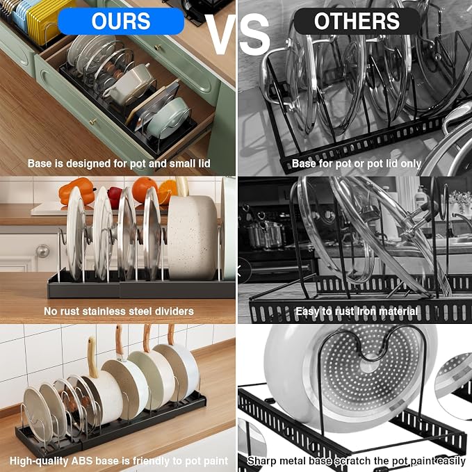 Mustorn 2 Pack Pots and Pans Organizer under Cabinet, 22" Expandable Food Storage Container Lid Organizer with 9 Adjustable Stainless Steel Dividers, ABS Base, Countertop Rack, Black - Image 5