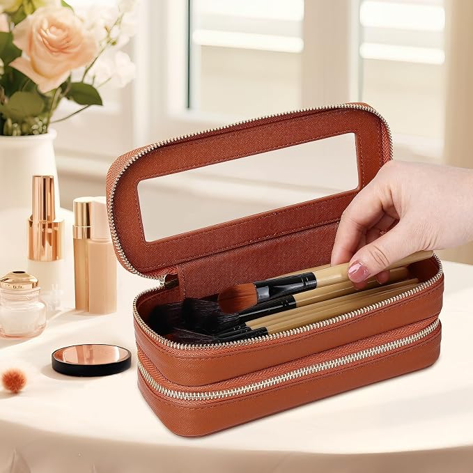 Pinkmik Double Layer Makeup Bag, Brown, Double SLIM | Makeup Brush Case, Waterproof, Travel Cosmetic & Toiletry Organizer, Car Essentials for Women - Image 2
