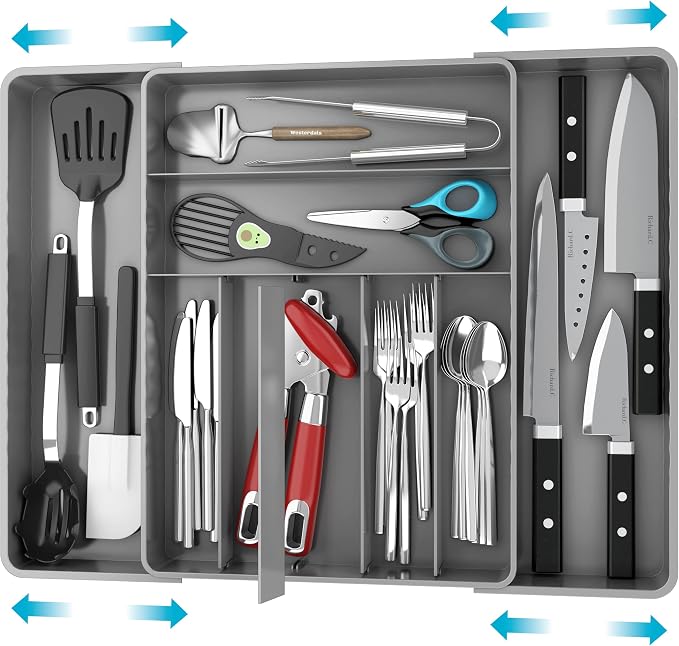 Simple Houseware Expandable Kitchen Drawer Flatware Organizer, Gray | Expandable Kitchen Drawer Flatware Organizer, Gray – Adjustable Cutlery Tray with 9 Compartments for Utensils and Silverware by SimpleHouseware