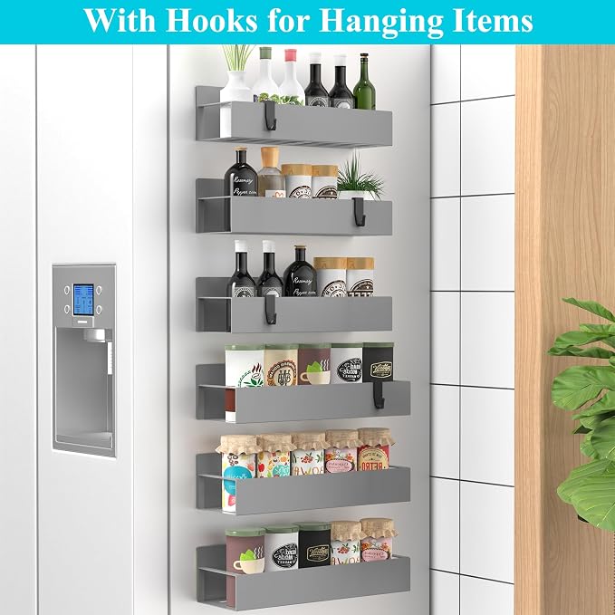HuggieGems Metal Magnetic Spice Rack for Refrigerator Gray, 6 Pack | Magnetic Shelves Heavy Duty for Fridge in Kitchen, Seasoning Storage Organizer, For Oven Washer and Dryer, For Heavier Items - Image 2