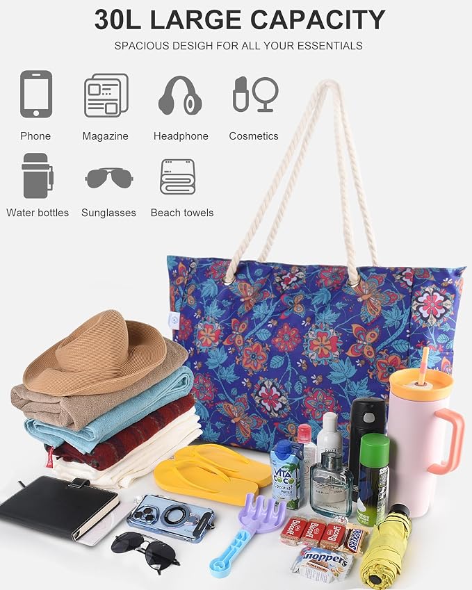Genteen Beach Bag for Women, Large Waterproof Sandproof Beach Tote with Zipper Pocket, Solid for Travel Pool - Image 5