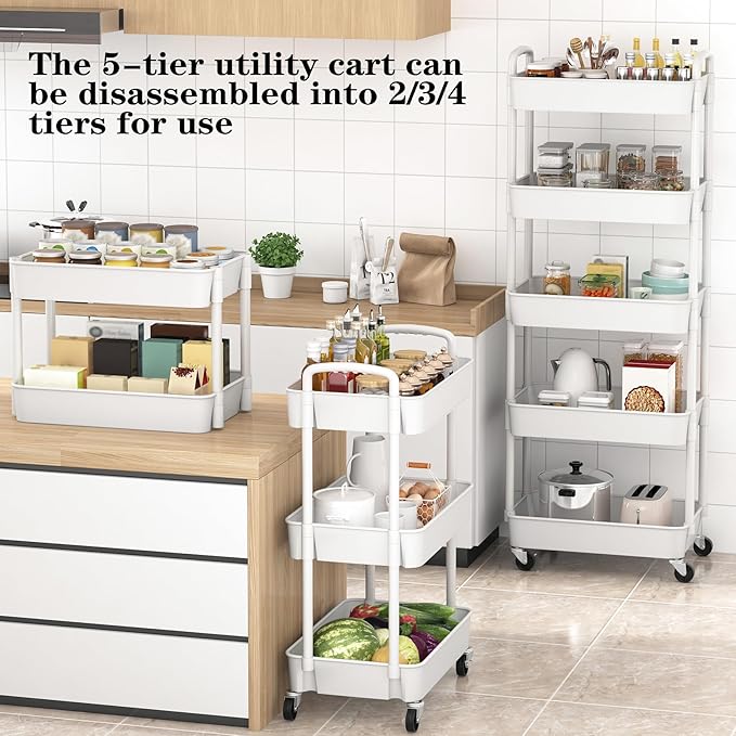 Sywhitta 5-Tier Plastic Rolling Utility Cart with Wheels for Storage,White | Multi-Functional Storage Trolley, for Office, Living Room, Kitchen, Bathroom,Movable Organizer,Space-Saving,Easy to assemble - Image 2
