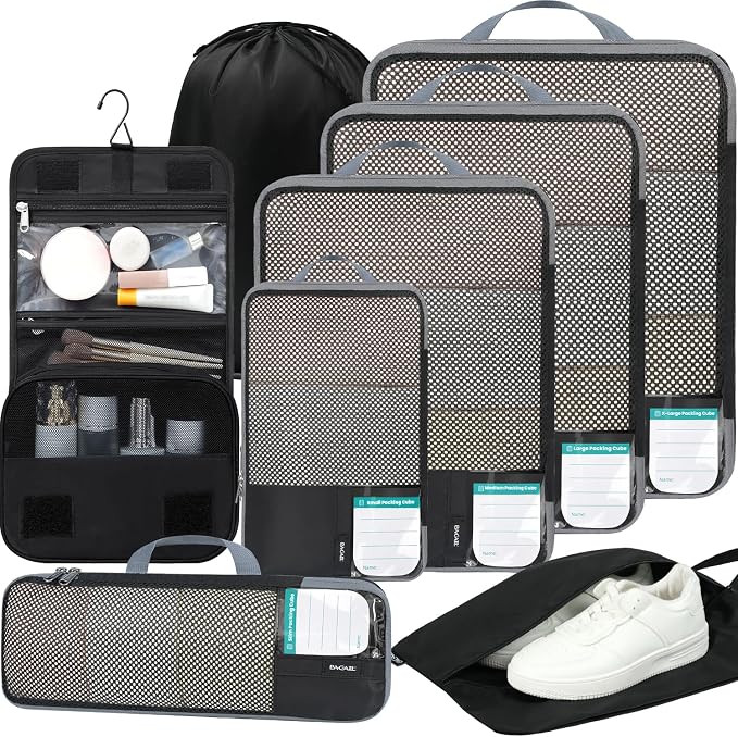BAGAIL 4 Set/6 Set/8 Set Compression Packing Cubes Travel Accessories Expandable Packing Organizers (Half Mesh, 8-Jet Black) by BAGAIL