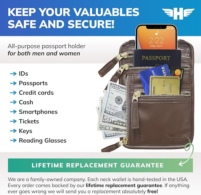HERO Neck Wallet - RFID Blocking Passport Holder, Easy to Conceal Travel Pouch (Vegan Leather Brown) - Image 2