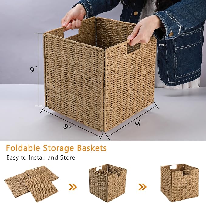 Wicker Storage Basket, Set of 2 Hand-Woven Storage Baskets for Shelves with Handles Foldable Cube Storage Baskets Bins, 9 inch Wicker Baskets for Pantry Bedroom Organizer &Decor, Natural - Image 2