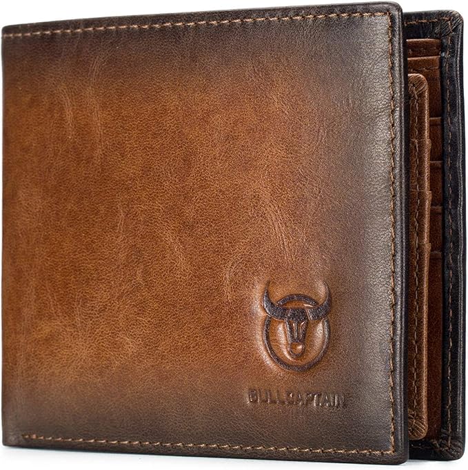 BULLCAPTAIN RFID Wallets for Men,Genuine Leather Wallet QB-05 (Brown) | Slim,Bifold,Front Pocket Wallet, 2 ID Windows,11 Card Slots,RFID Blocking Technology,Gift Choice by Bullcaptain