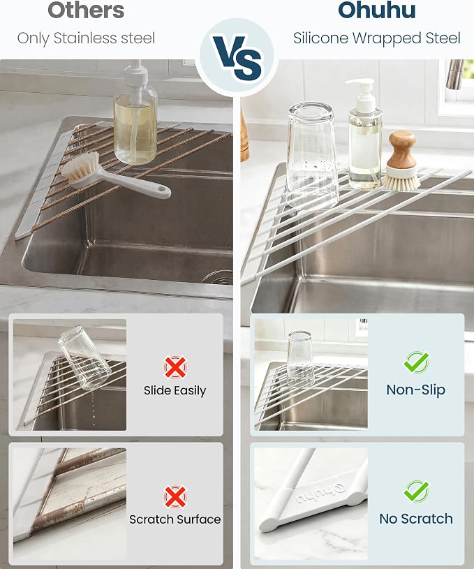 Ohuhu Corner Sink Strainer, Sponge Holder for Kitchen Sink Organizer - Silicone Wrapped Steel Anti Slip Rust Triangle Over the Sink Roll-UP Dish Drying Rack Caddy Kitchen Sink Accessories - Image 5