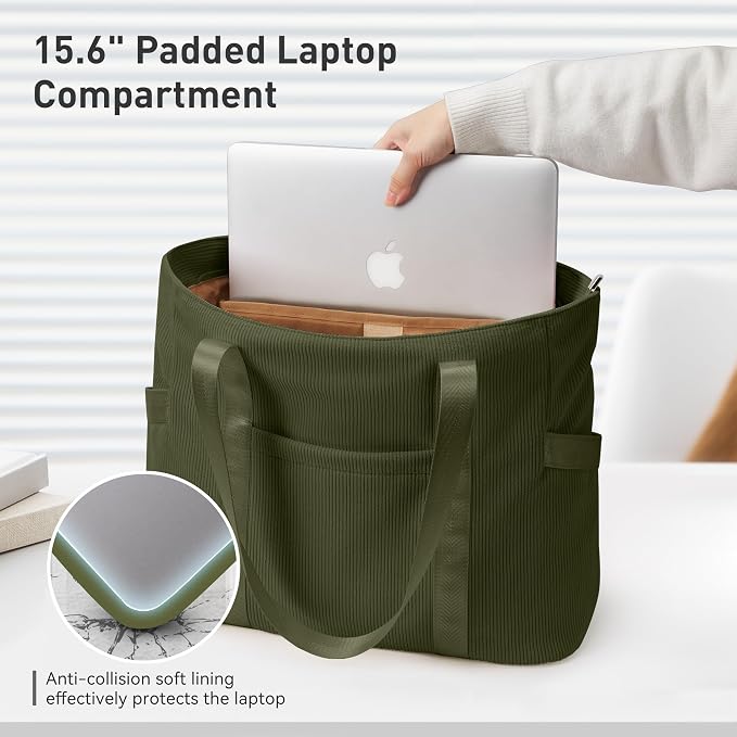 Tote Bag for Women, Casual Hobo Handbags with Compartments | Water Repellent Corduroy Large Capacity Fits 15.6" Laptop Zipper Closure for Travel Work School - Image 7