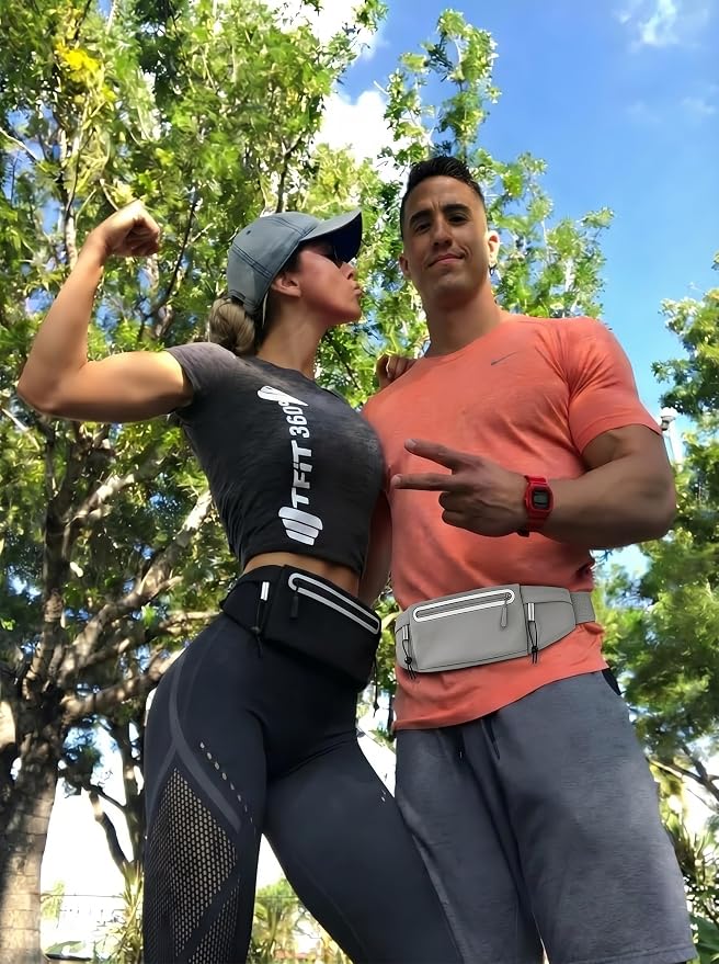 Running Belt Fanny Pack:3 Pocket Waist Bag for Men Women Workout Exercise Fitness Phone Holder Fits All Phones - Runner Marathon Jogging Race Belt with Bib Clip (Grey) - Image 4