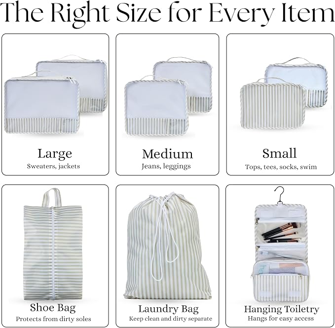 Packing Cubes Set – Cute Packing Cubes for Travel, Luggage Organizer Bags for Suitcase, For Kids & Family, Floral, Neutral & Aesthetic Travel Organizer Set -Stripe - Image 3