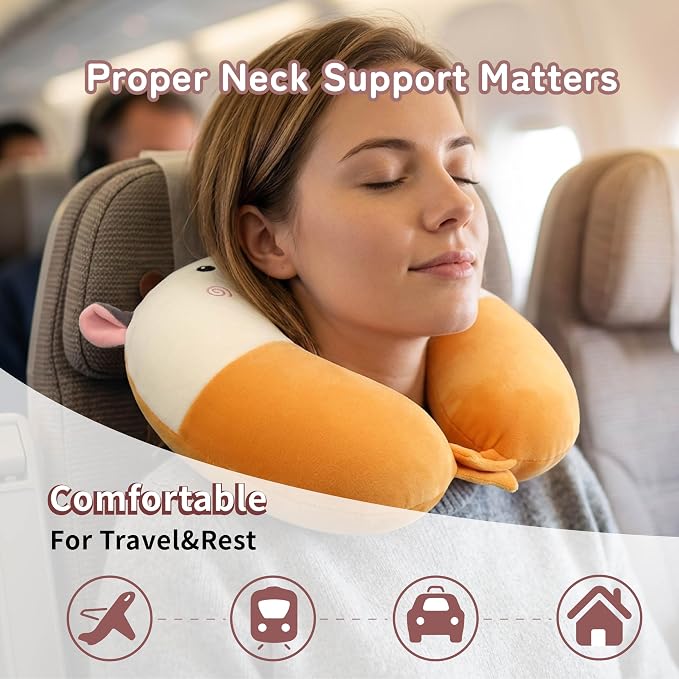 Memory Foam Travel Neck Pillow for Teens and Adults, Removable Cover, Cow | Machine washable, 17 in neck size for teens and adults, 360-degree head and chin support, car and airplane use - Image 6