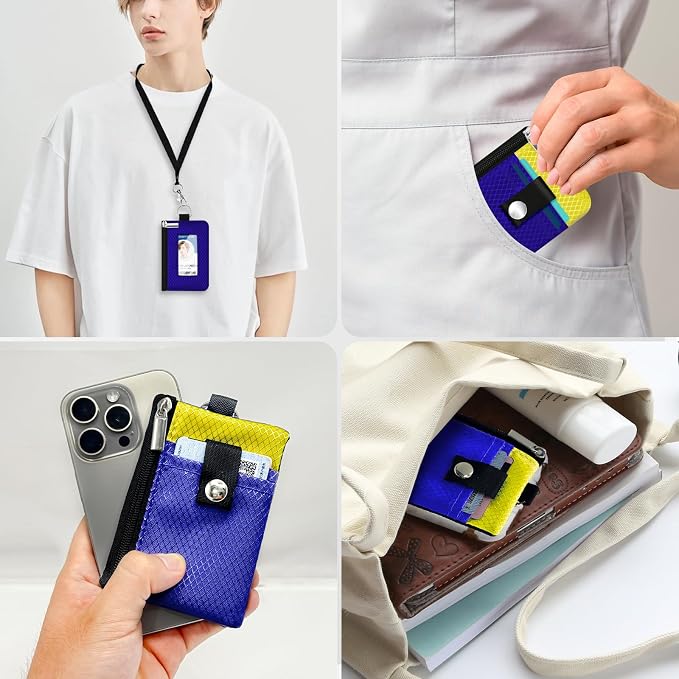 Minimalist RFID Blocking Small Wallet with ID Window,WaterResistant Zip Id Case Wallet with Lanyard Keychain for Cards,Cash,Travel,Women,Men (Sapphire Blue/Lemon Yellow) - Image 9