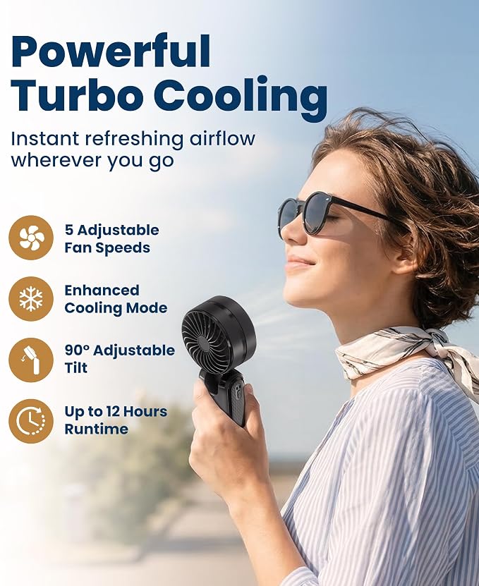 Everlasting Comfort Portable Handheld Fan, Rechargeable with LED Display & Cooling Mode, Small Personal Mini Portable Fan, 5 Speeds for Outdoor Travel, Hiking, Makeup, Camping, Office, Gifts for Women - Image 2