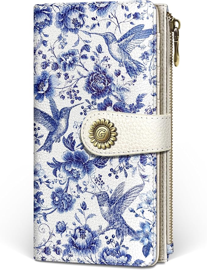 GIANCOMICS Hummingbirds Womens Wallet RFID Flower Credit Card Holder Bifold | Billfold, Cute Cash Purse, Travel Zipper Coin Pocket, Compact Clutch, PU Leather, ID Window, 11 Card Slots, Ladies Gift Woman by Giancomics
