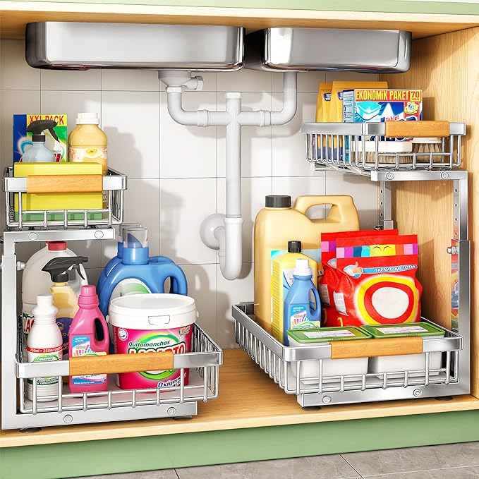 Kitstorack Under Sink Organizer, 2 Tier Under the Sink Storage, Slide out Pull out Cabinet Organizer Shelf, Metal Sliding Drawer for Kitchen Bathroom Pantry Closet Organization Rack, Silver, 2 Pack by Kitstorack
