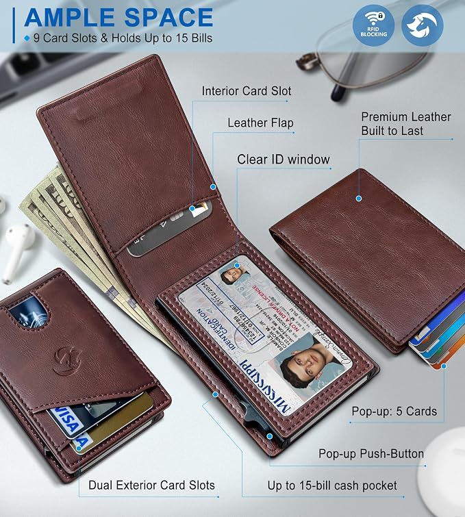Wallet for Men, Slim Pop Up Card Holder with RFID Blocking, Minimalist Bifold Wallet with 9 Card Slots, ID Window and Cash Pocket, Metal Flip Case with Magnetic Closure, Gift Box - Image 2