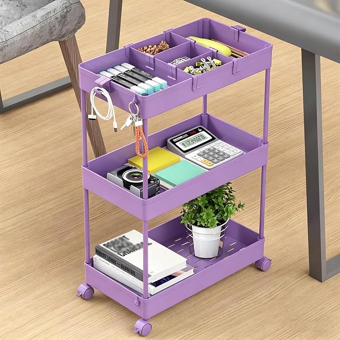 Slim Storage Cart 3 Tier,Bathroom Organizer Rolling Utility,Mobile Shelving Unit Slide Out for Office, Kitchen, Laundry Room & Narrow Places,Purple - Image 7