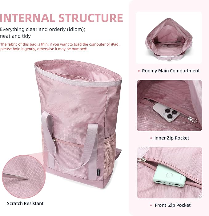 Foldable Convertible Tote Backpack Lightweight Versatile Nylon Daypack for Women Work Leisure Travel,Berry Pink - Image 3