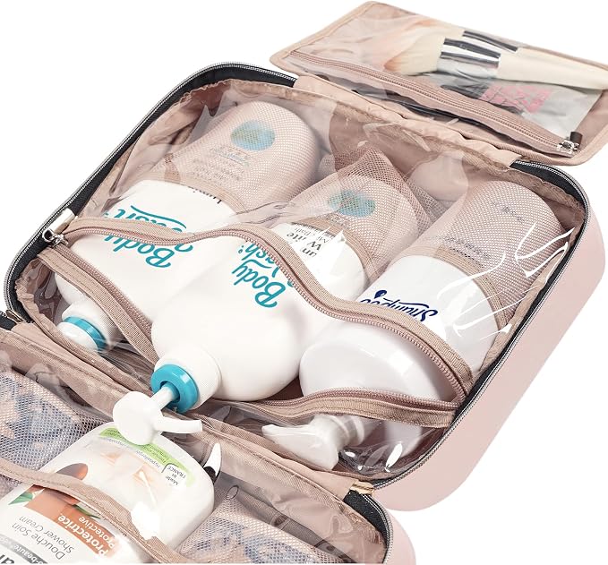 NISHEL Travel Toiletry Bag for women, Portable Hanging Organizer for Family-Sized Shampoo, Conditioner, Brushes Set, Makeup Accessories, Extra Large Size, Pink | for Travel-Sized Shampoo, Conditioner, Brushes Set, makeup Accessories, Extra Large Size, ... - Image 7