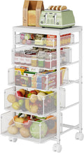 Kitchen Storage Cart with Wheels, 5-Tier Fruit Vegetable Storage Cart, Kitchen Organizer and Storage Cart with Drawers, Wooden Top Metal Wire Pantry Storage Cart for Fruit Snack Onion Potato, White by FollowWithYociyogaTogether
